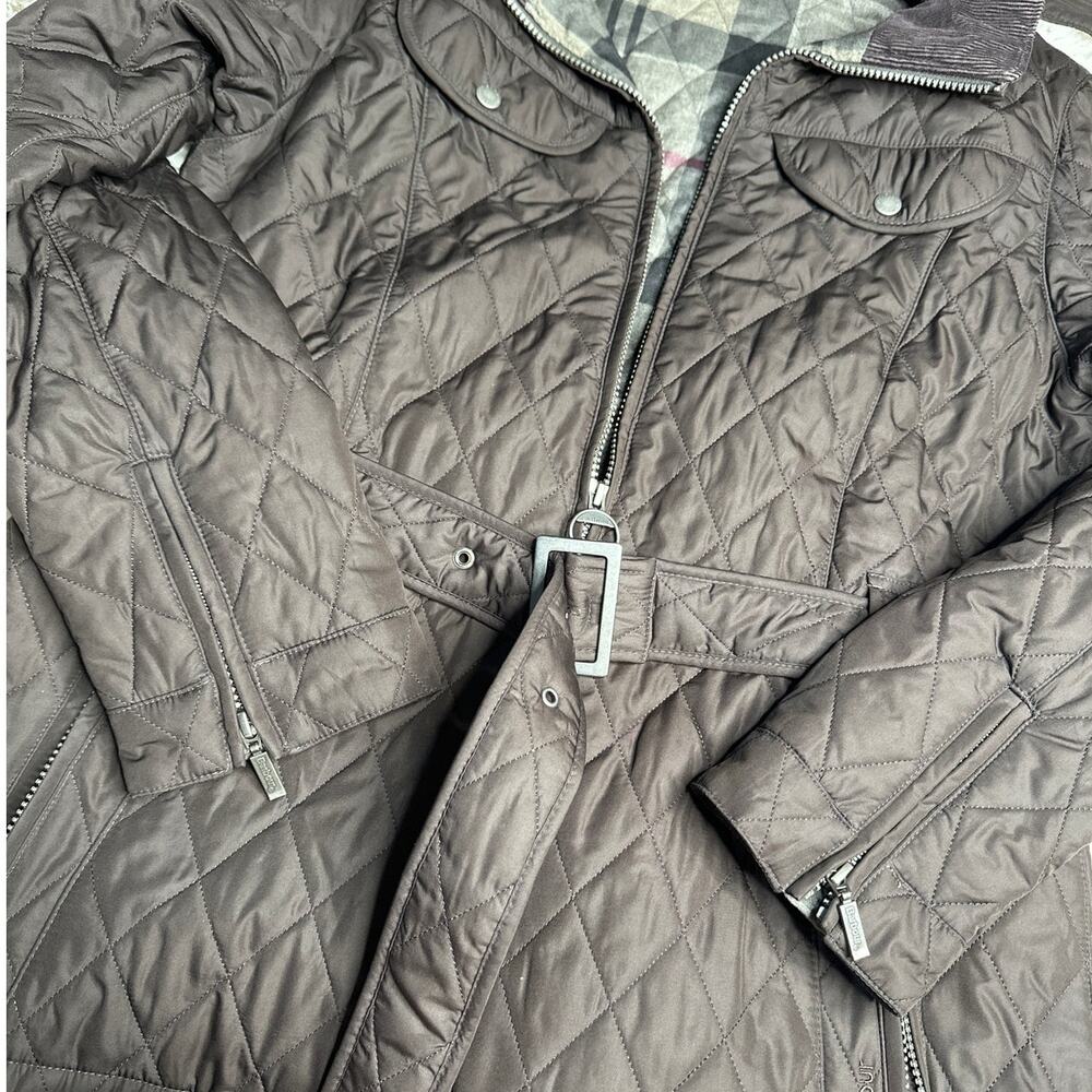 Barbour Winter Tartan Mocha Brown Quilted Zip Up Coat Belted Removable Hood - Picture 6 of 12